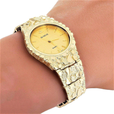 10k Mens Watch Yellow Gold Nugget Link Geneve Wrist Watch Adjustable 7-7.5