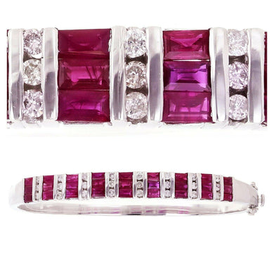14k White Gold Baguette Ruby & Round Diamonds Bangle Bracelet for Women - Jewelry Store by Erik Rayo