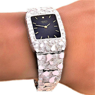 14k White Gold Nugget Wrist Band Geneve Diamond Watch 7.5