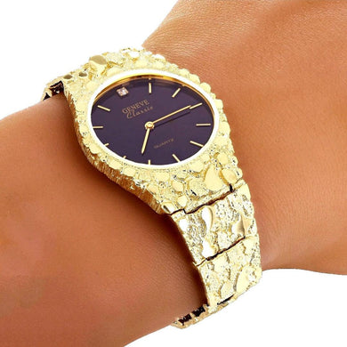 14k Yellow Gold Nugget Geneve Wrist Watch Black Dial for Men with Natural Diamond 7-7.5