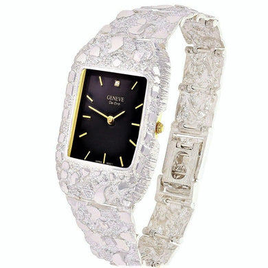 925 Sterling Silver Nugget Link Geneve with Diamond Watch 8.5-9