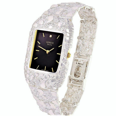 925 Sterling Silver Nugget Link Geneve with Diamond Watch 8-8.5