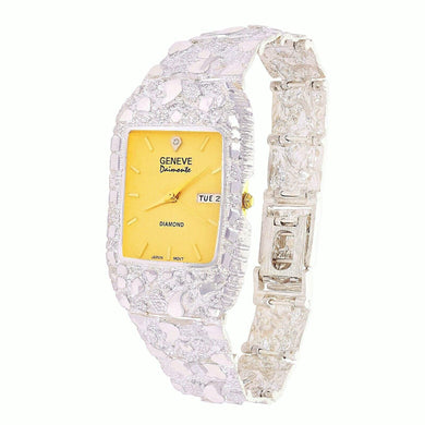 Mens 925 Sterling Silver Nugget Wrist Watch Geneve Real Natural Diamond Watch 7.5-8