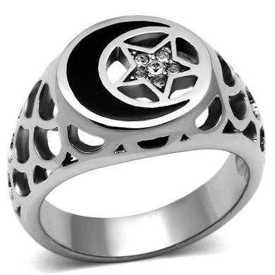 Mens Moon and Star Rings Black Fancy Stainless Steel Ring with Top Grade Crystal in Clear - Jewelry Store by Erik Rayo