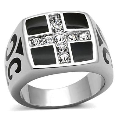 Mens Rings Cross Squared Black Onyx Stainless Steel Ring with Top Grade Crystal in Clear - Jewelry Store by Erik Rayo