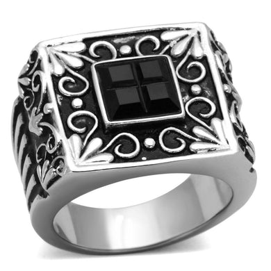 Mens Rings Squared Black Onyx Fancy Stainless Steel Ring with Top Grade Crystal in Clear - Jewelry Store by Erik Rayo