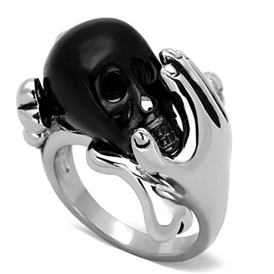 Mens Womens Black Skull Silver Ring in Hands Anillo Para Mujer Hombre y Ninos Kids 316L Stainless Steel Ring with Epoxy in Jet - Jewelry Store by Erik Rayo