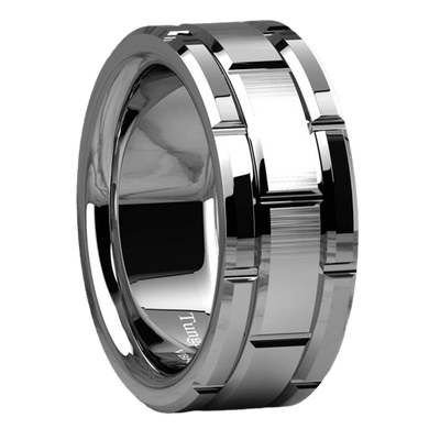 Tungsten Carbide Wedding Band Rings for Men Silver Brushed Brick Pattern - Jewelry Store by Erik Rayo