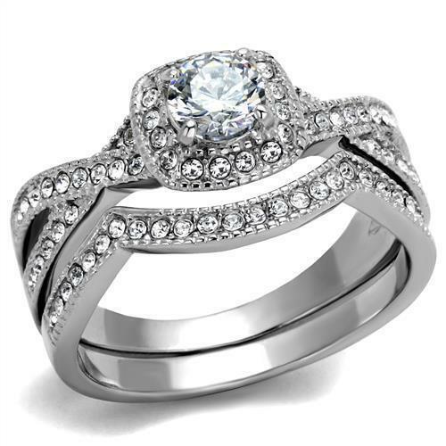 Stainless Steel Women's Infinity Wedding Ring Set Halo Round CZ Cubic Zirconia - Jewelry Store by Erik Rayo