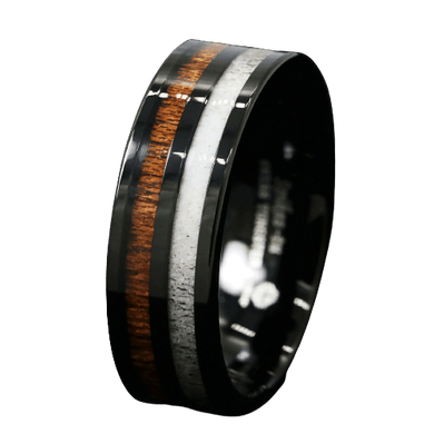 Tungsten Rings for Men Wedding Bands for Him Womens Wedding Bands for Her 8mm Black Antler and Koa Wood Inlay - Jewelry Store by Erik Rayo