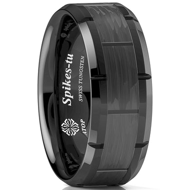 Tungsten Rings for Men Wedding Bands for Him Womens Wedding Bands for Her 8mm Black Pattern Brushed - Jewelry Store by Erik Rayo
