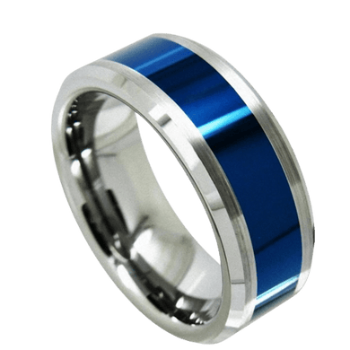 Tungsten Rings for Men Wedding Bands for Him Womens Wedding Bands for Her 8mm Blue Center Silver Brushed Edge - Jewelry Store by Erik Rayo