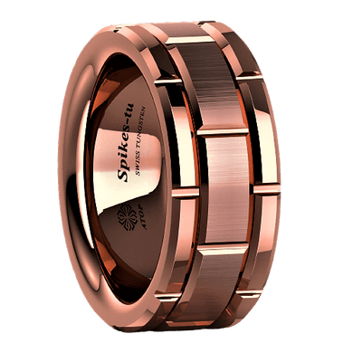 Tungsten Rings for Men Wedding Bands for Him Womens Wedding Bands for Her 8mm Rose Gold Bushed Brick Pattern - Jewelry Store by Erik Rayo