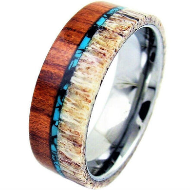 Tungsten Rings for Men Wedding Bands for Him Womens Wedding Bands for Her 8mm Sandalwood With Deer Antler and Turquoise - Jewelry Store by Erik Rayo