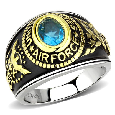 US Air Force Ring for Men and Women Unisex Stainless Steel Military Patriotic Ring in Black and Gold with Blue Aquamarine Stone Rock - Jewelry Store by Erik Rayo