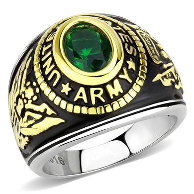 Army Ring for Men and Women Unisex Stainless Steel Military Class Ring in Gold with Green Stone - Jewelry Store by Erik Rayo