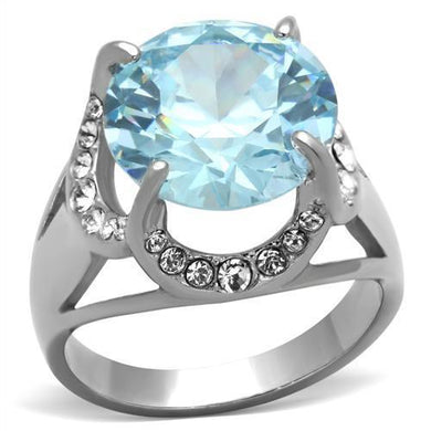 Womans Silver Aquamarine Ring Ring High polished (no plating) Stainless Steel Ring with AAA Grade CZ in Sea Blue TK1423 - Jewelry Store by Erik Rayo
