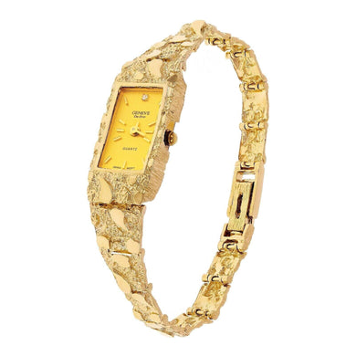 Women's 14k Yellow Gold Nugget Band Bracelet Geneve Watch with Diamond 6.5-7