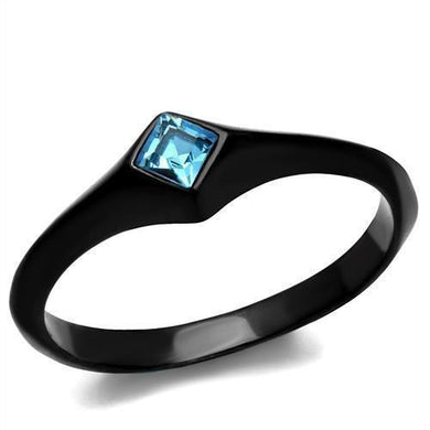Womens Black Aquamarine Ring Anillo Para Mujer y Ninos Unisex Kids 316L Stainless Steel Ring with Top Grade Crystal in Sea Blue Colette - Jewelry Store by Erik Rayo