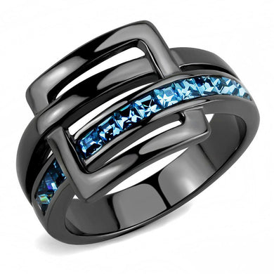 Womens Black Aquamarine Ring Anillo Para Mujer y Ninos Unisex Kids 316L Stainless Steel Ring with Top Grade Crystal in Sea Blue - Jewelry Store by Erik Rayo