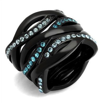 Womens Black Aquamarine Ring Anillo Para Mujer y Ninos Unisex Kids Stainless Steel Ring with Top Grade Crystal in Sea Blue Delphine - Jewelry Store by Erik Rayo
