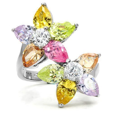 Womens Ring Flowers Multi Color Tear Drop Round Cuts Stainless Steel, AAA CZ - Jewelry Store by Erik Rayo