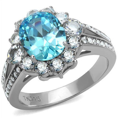 Womens Ring Oval Blue Stainless Steel Ring with AAA Grade CZ in Sea Blue - Jewelry Store by Erik Rayo