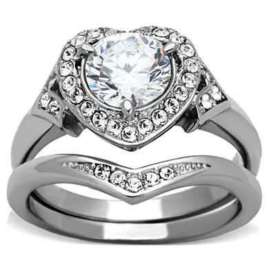 Womens Rings Silver Heart Two in One Stainless Steel Ring with AAA Grade CZ in Clear - Jewelry Store by Erik Rayo