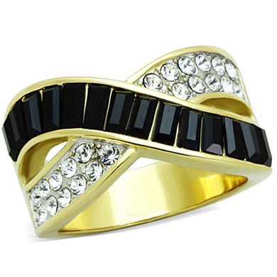 Womens Rings Two-Tone IP Gold (Ion Plating) 316L Stainless Steel Ring with Top Grade Crystal in Jet TK1577 - Jewelry Store by Erik Rayo