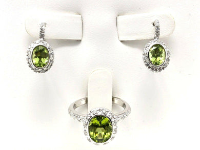 Womens Solid 18k White Gold Natural Diamond & Peridot Drop Earrings & Ring Size 7 Jewelry Set - Jewelry Store by Erik Rayo