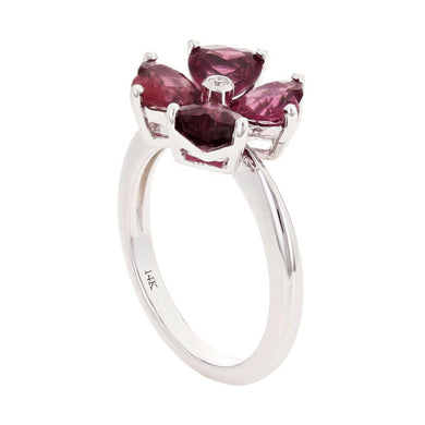 Womens Solid Gold Ring 14k White Gold 0.01ctw Rhodolite Garnet & Diamond Heart Flower Ring Size 5 - Jewelry Store by Erik Rayo